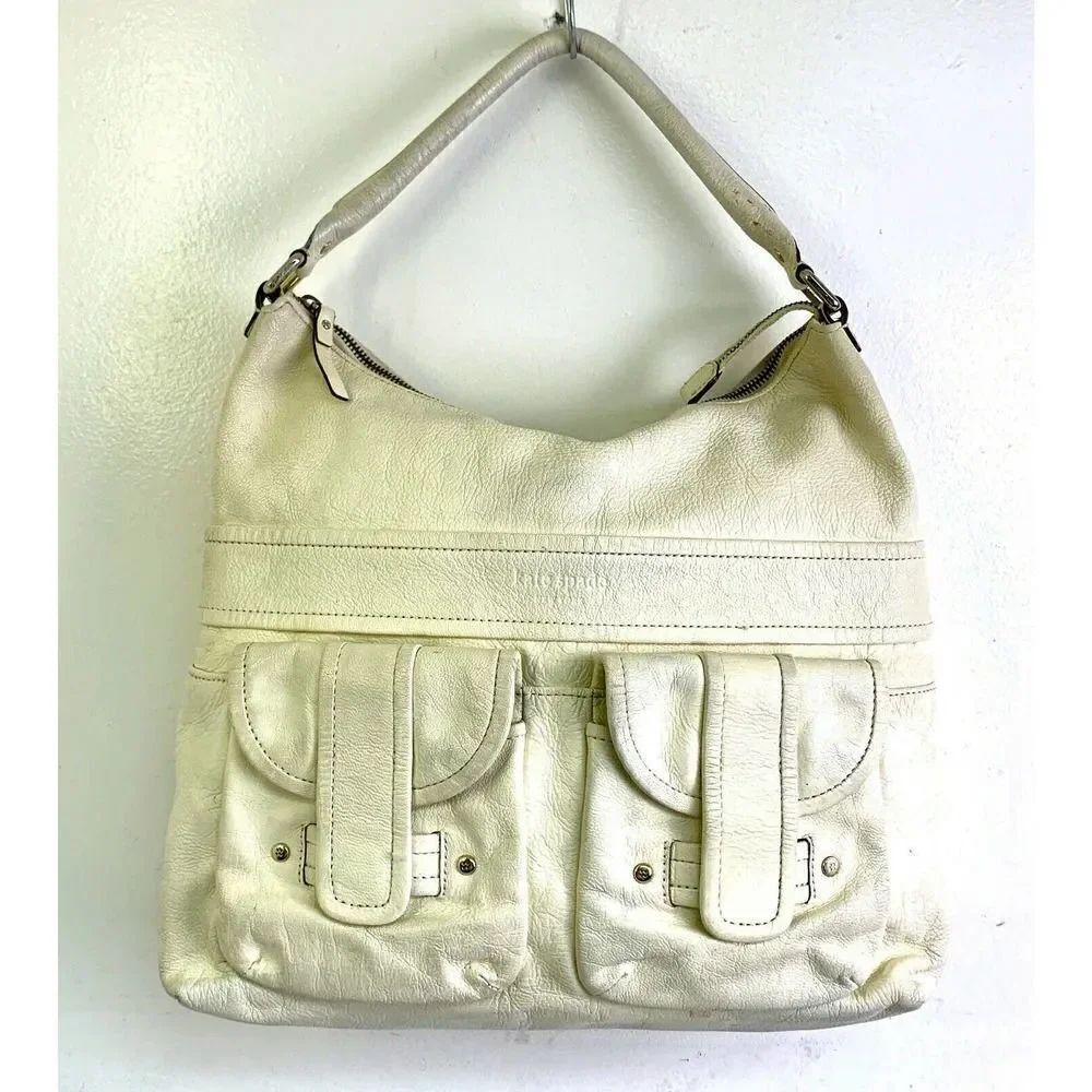 KATE SPADE NEW YORK IVORY CREAM GENUINE LEATHER ZIP TOP HOBO SHOULDER BAG PURSE